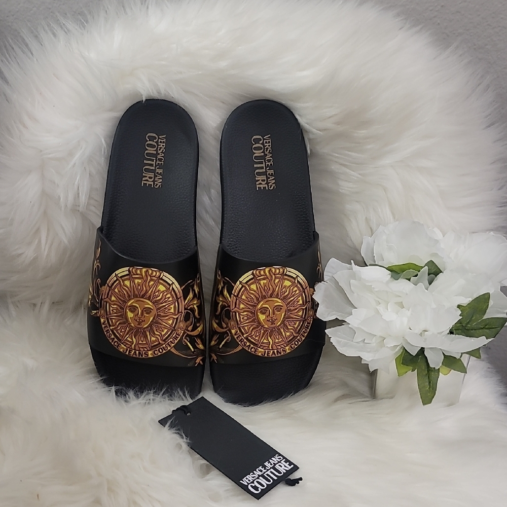 🌞Versace Jeans Couture Black and Gold Sun Medallion Slides🌞